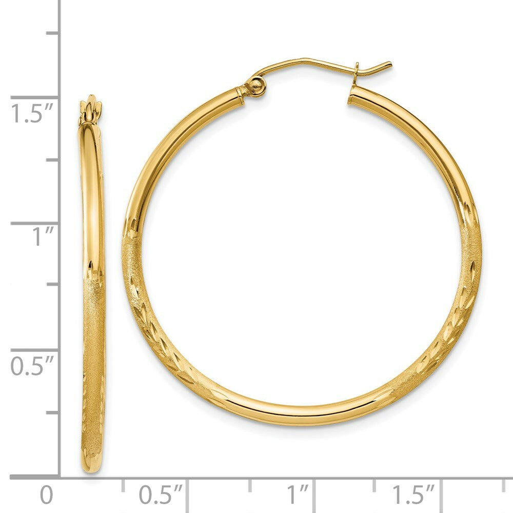 14K Yellow Gold Satin & Diamond-cut 2mm Round Tube Hoop Earrings 35mm length