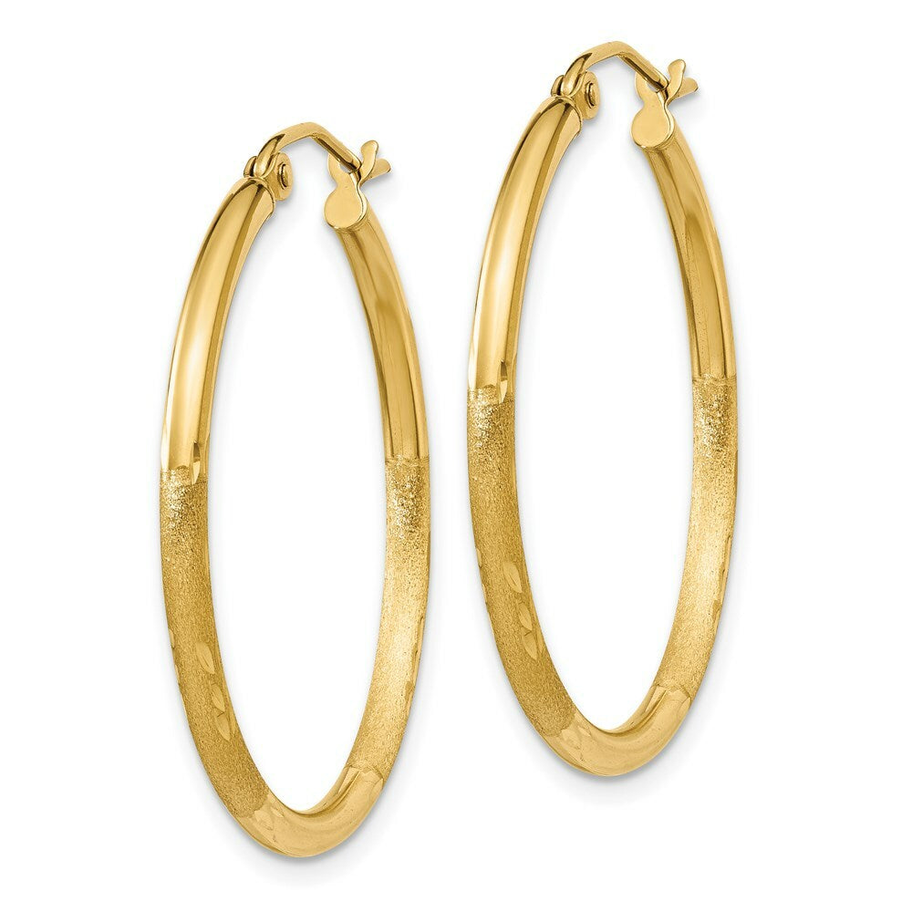 14K Yellow Gold Satin & Diamond-cut 2mm Round Tube Hoop Earrings 30mm length