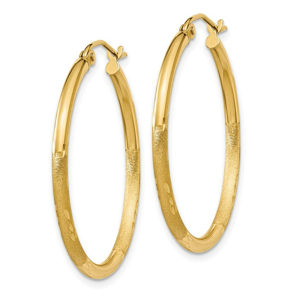 14K Yellow Gold Satin & Diamond-cut 2mm Round Tube Hoop Earrings 30mm length