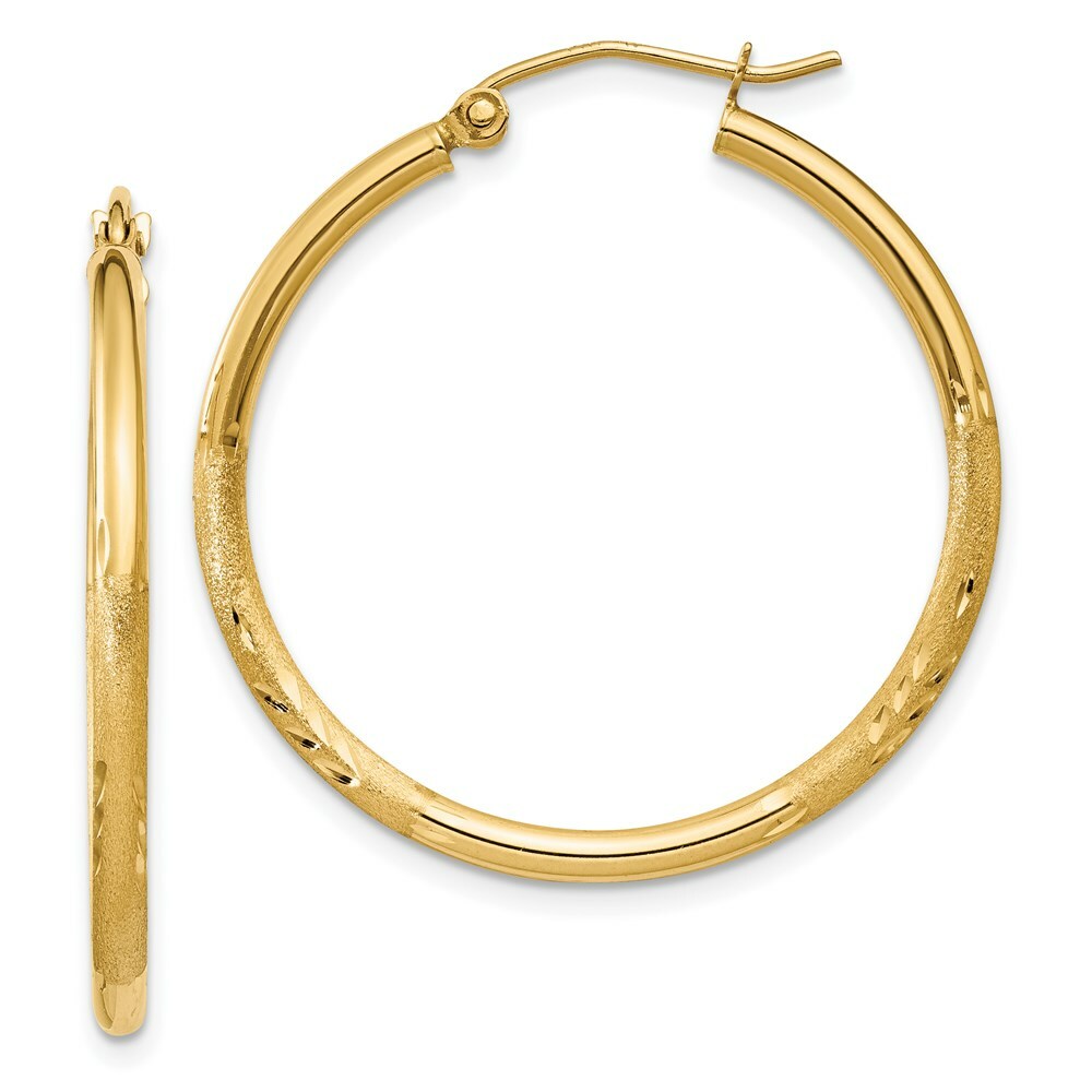 14K Yellow Gold Satin & Diamond-cut 2mm Round Tube Hoop Earrings 30mm length