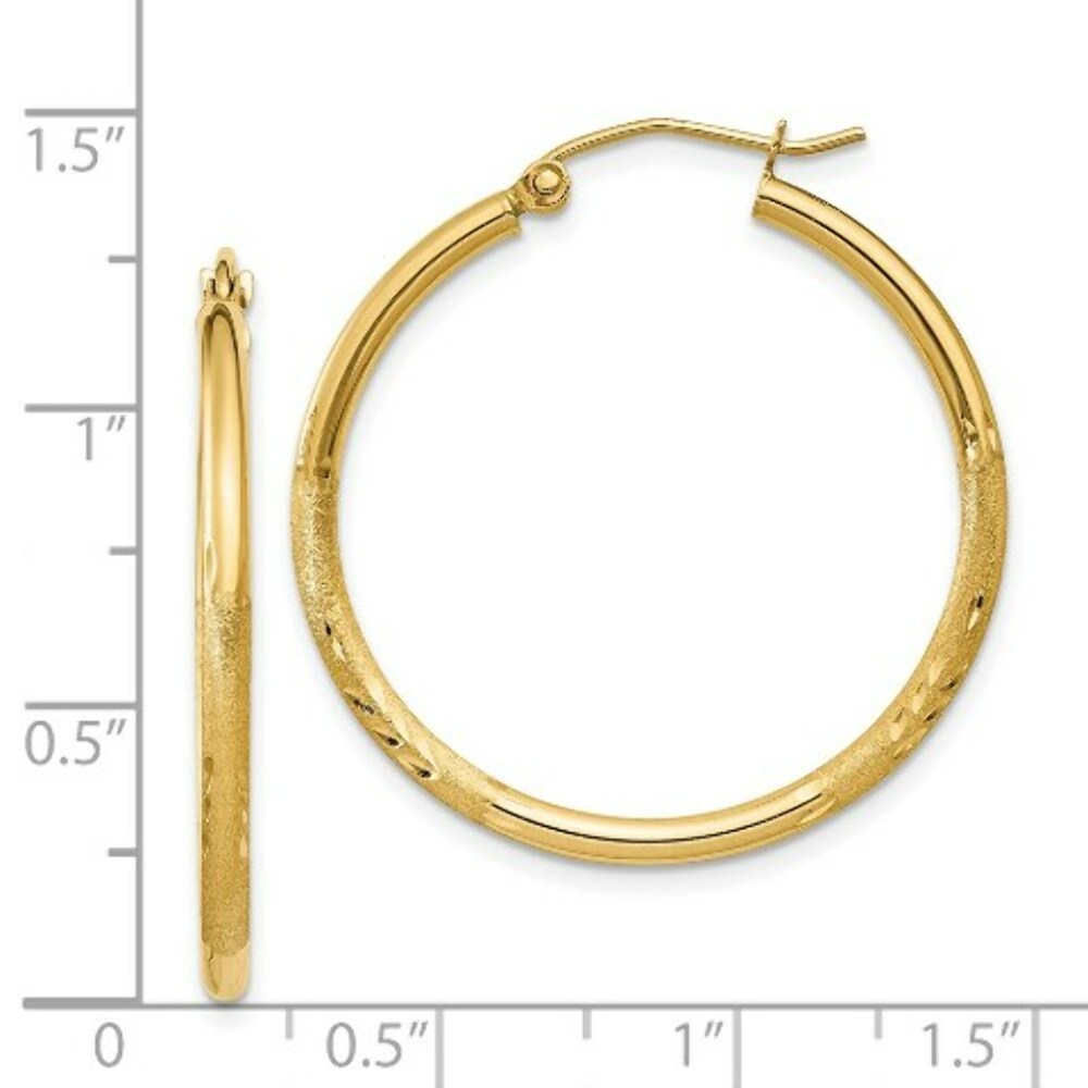 14K Yellow Gold Satin & Diamond-cut 2mm Round Tube Hoop Earrings 30mm length