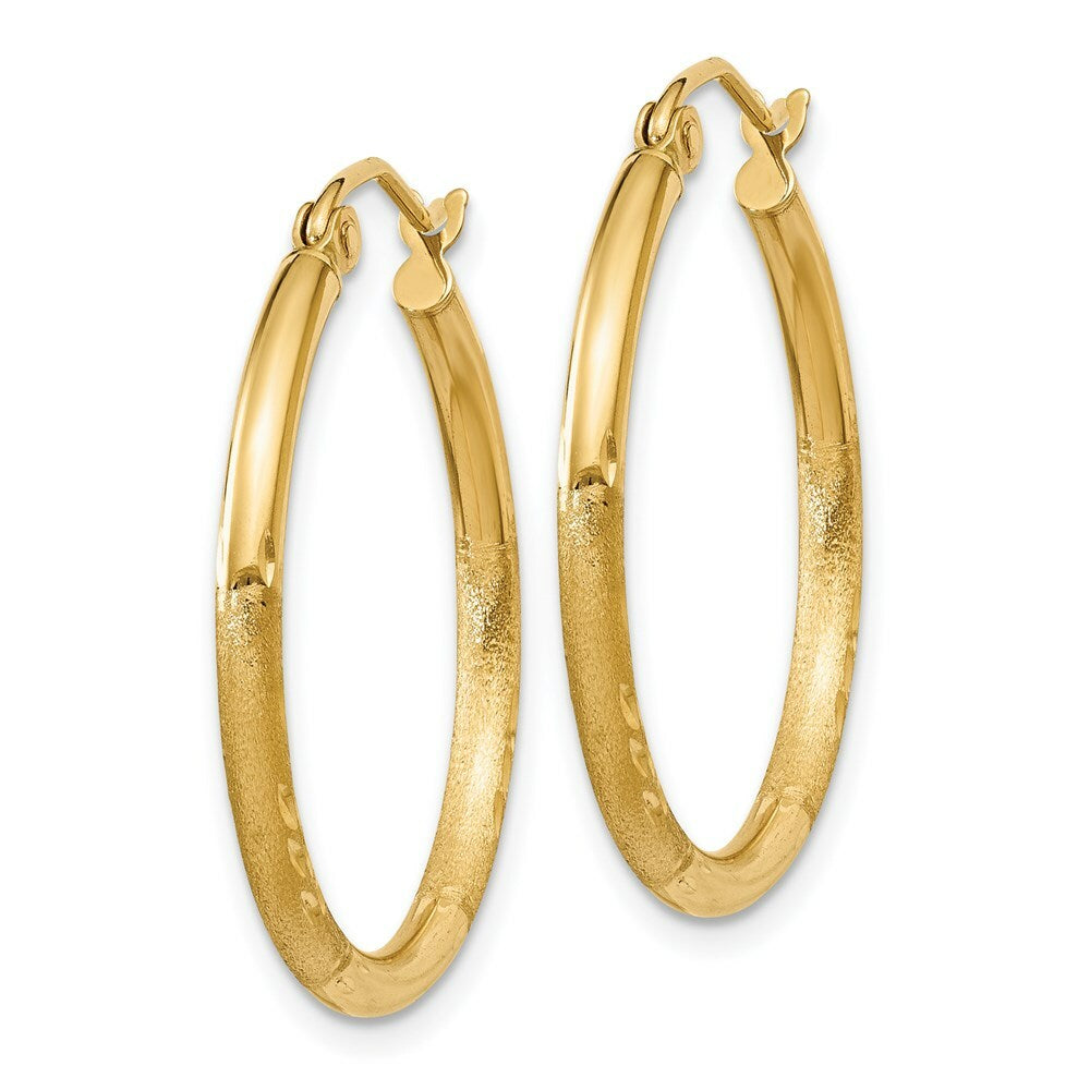 14K Yellow Gold Satin & Diamond-cut 2mm Round Tube Hoop Earrings 25mm length