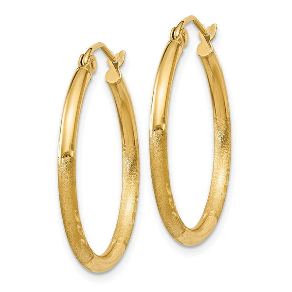 14K Yellow Gold Satin & Diamond-cut 2mm Round Tube Hoop Earrings 25mm length