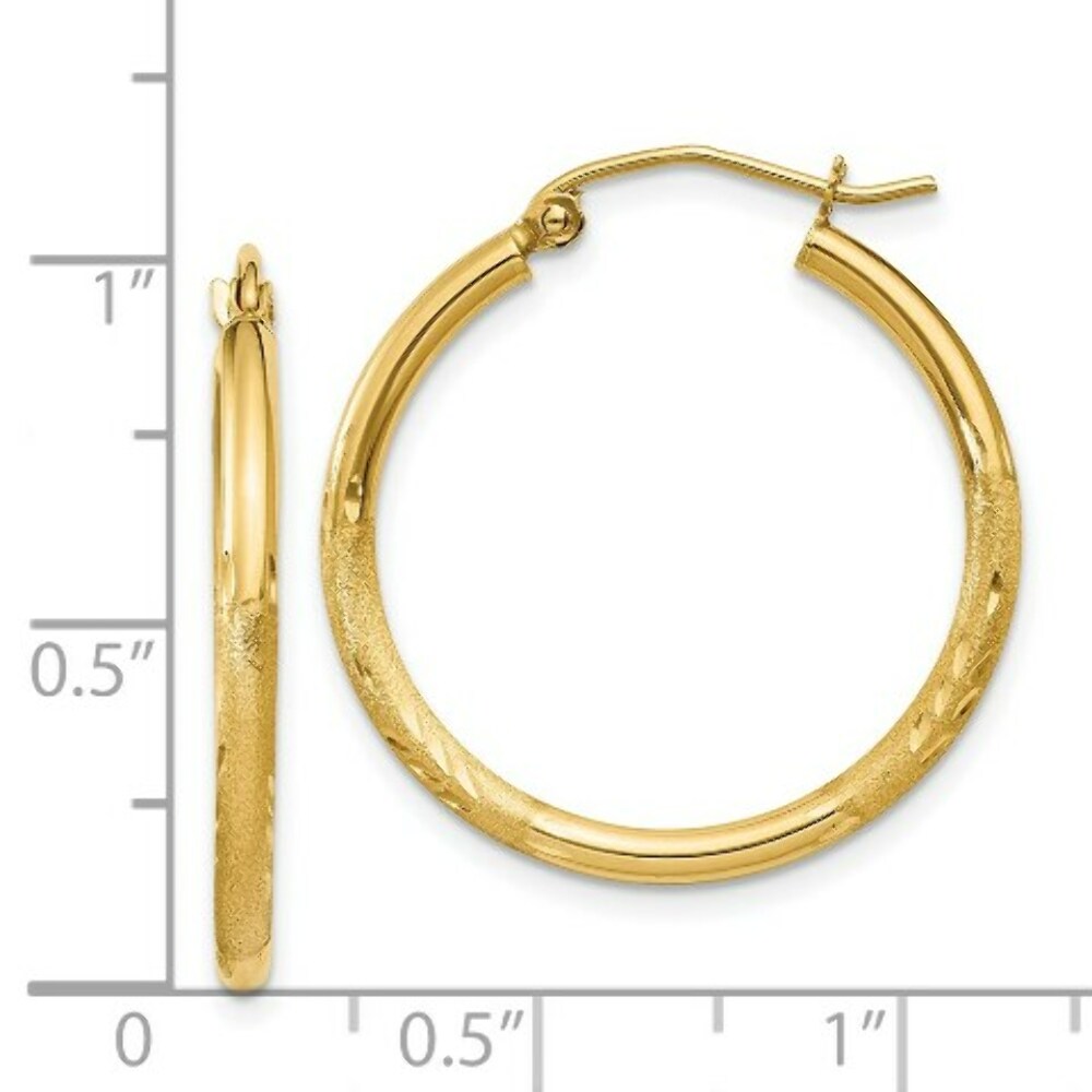 14K Yellow Gold Satin & Diamond-cut 2mm Round Tube Hoop Earrings 25mm length