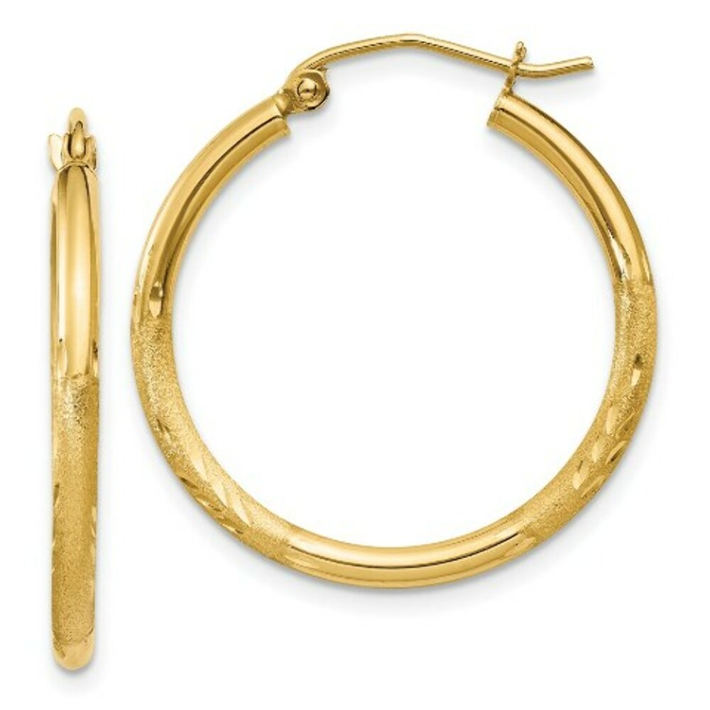 14K Yellow Gold Satin & Diamond-cut 2mm Round Tube Hoop Earrings 25mm length