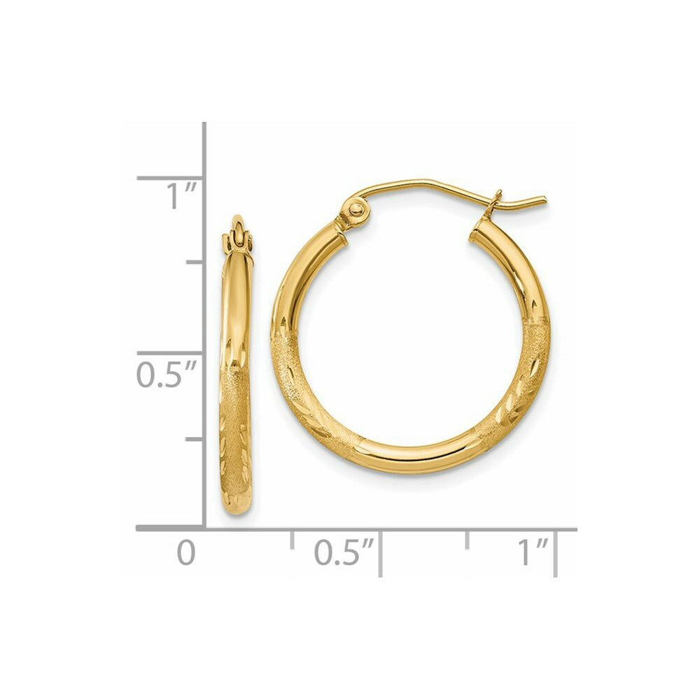 14K Yellow Gold Satin & Diamond-cut 2mm Round Tube Hoop Earrings 20mm length