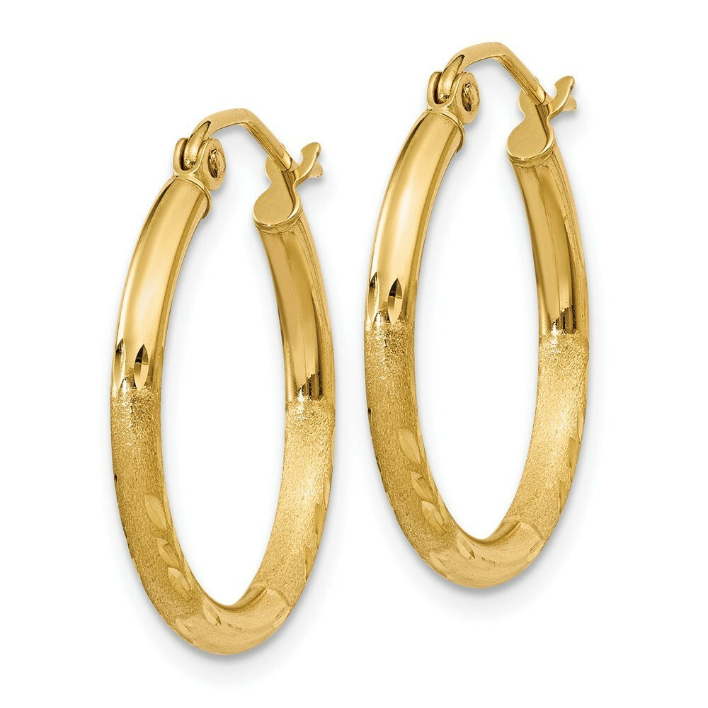 14K Yellow Gold Satin & Diamond-cut 2mm Round Tube Hoop Earrings 20mm length