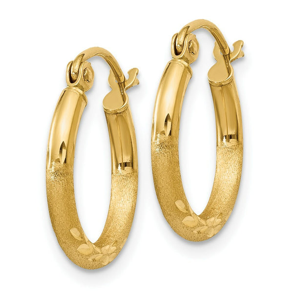 14K Yellow Gold Satin & Diamond-cut 2mm Round Tube Hoop Earrings 15mm length