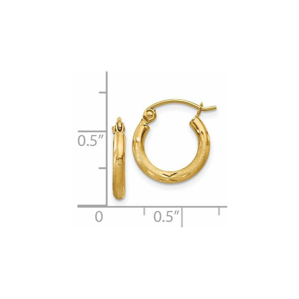 14K Yellow Gold Satin & Diamond-cut 2mm Round Tube Hoop Earrings 13mm length