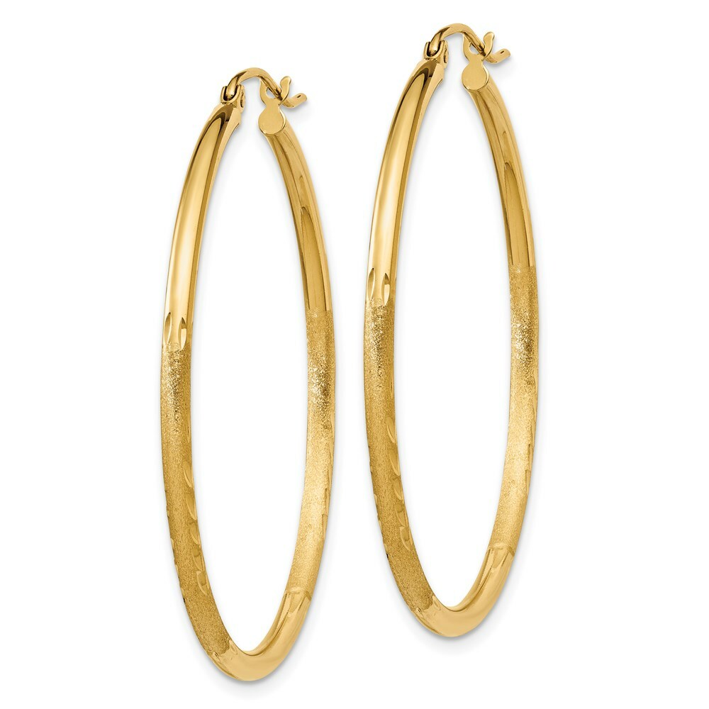 14K Yellow Gold Satin & Diamond-cut 2mm Round Tube Hoop Earrings 40mm length