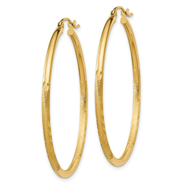 14K Yellow Gold Satin & Diamond-cut 2mm Round Tube Hoop Earrings 40mm length