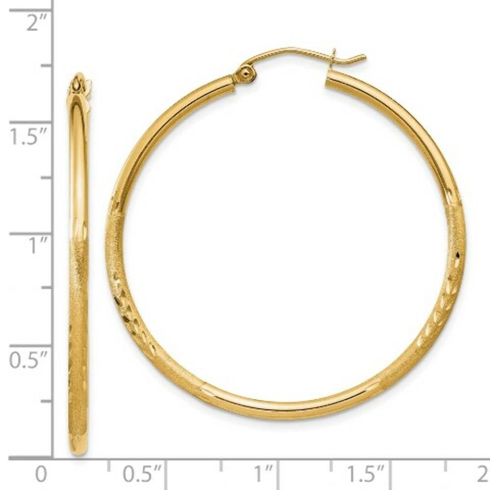 14K Yellow Gold Satin & Diamond-cut 2mm Round Tube Hoop Earrings 40mm length