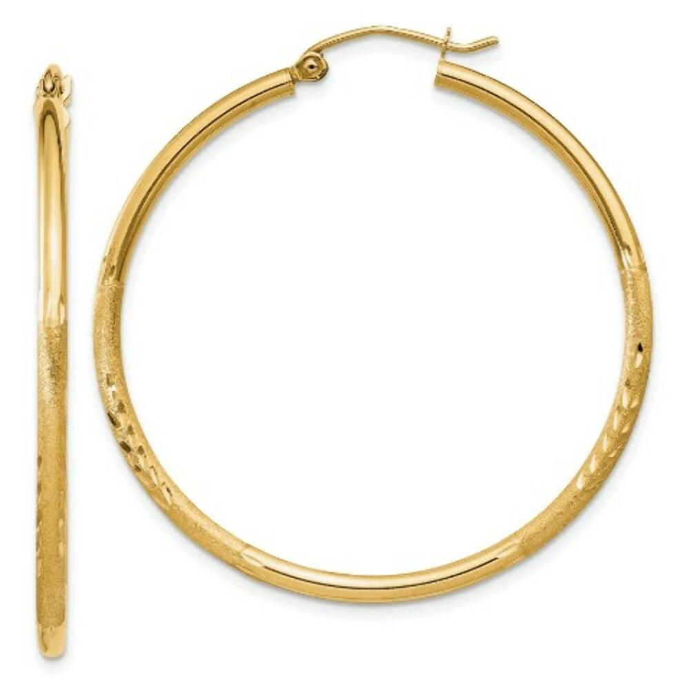 14K Yellow Gold Satin & Diamond-cut 2mm Round Tube Hoop Earrings 40mm length