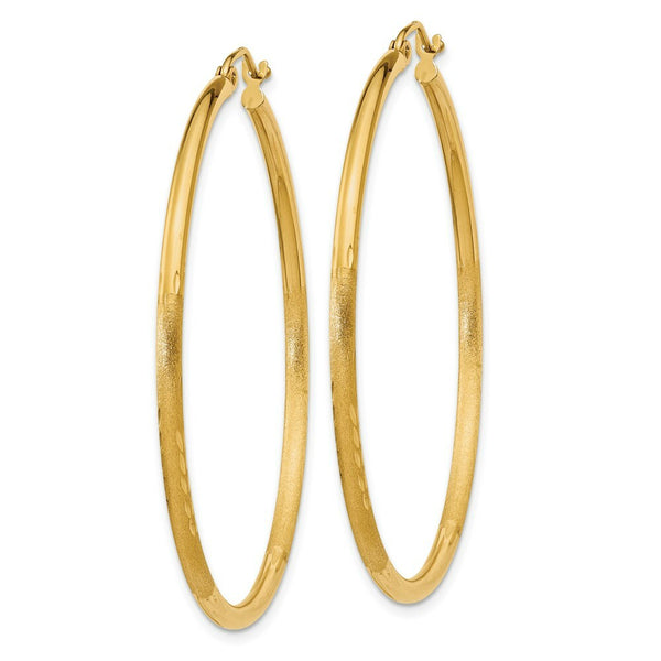 14K Yellow Gold Satin & Diamond-cut 2mm Round Tube Hoop Earrings 45mm length