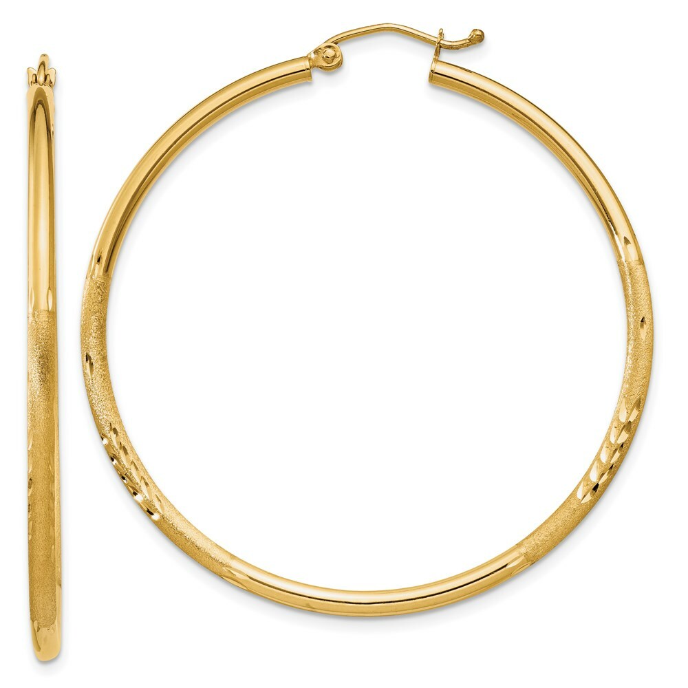 14K Yellow Gold Satin & Diamond-cut 2mm Round Tube Hoop Earrings 45mm length