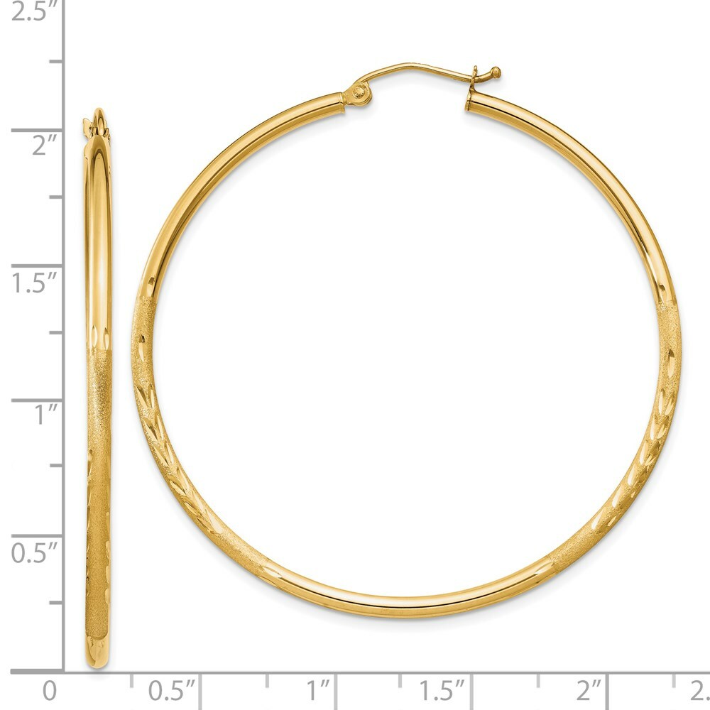 14K Yellow Gold Satin & Diamond-cut 2mm Round Tube Hoop Earrings 50mm length