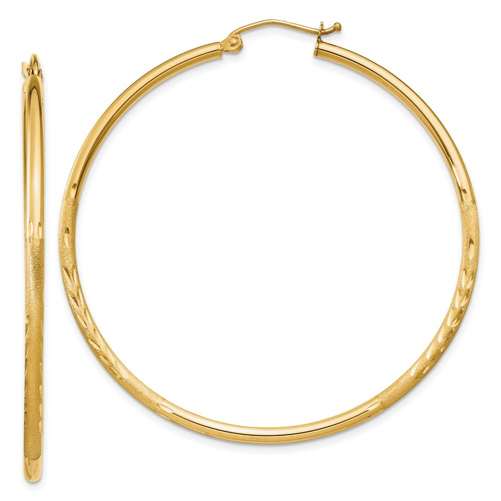 14K Yellow Gold Satin & Diamond-cut 2mm Round Tube Hoop Earrings 50mm length