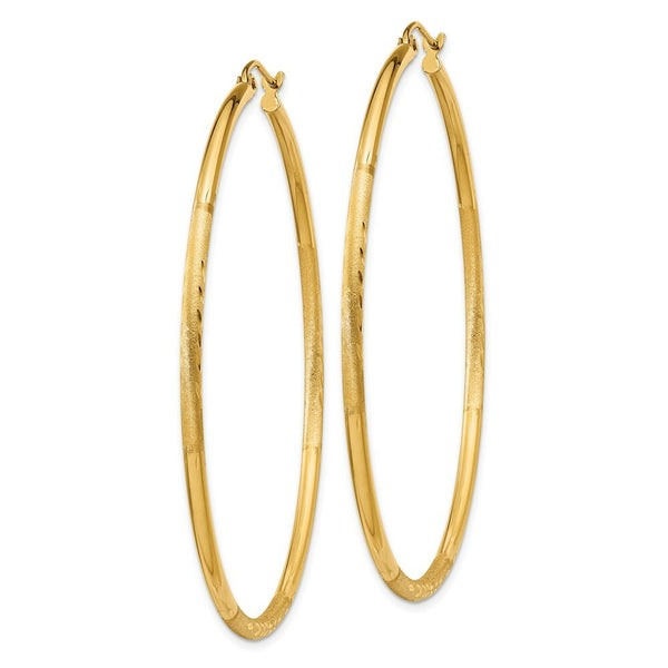 14K Yellow Gold Satin & Diamond-cut 2mm Round Tube Hoop Earrings 55mm length