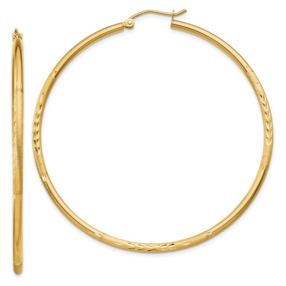 14K Yellow Gold Satin & Diamond-cut 2mm Round Tube Hoop Earrings 55mm length