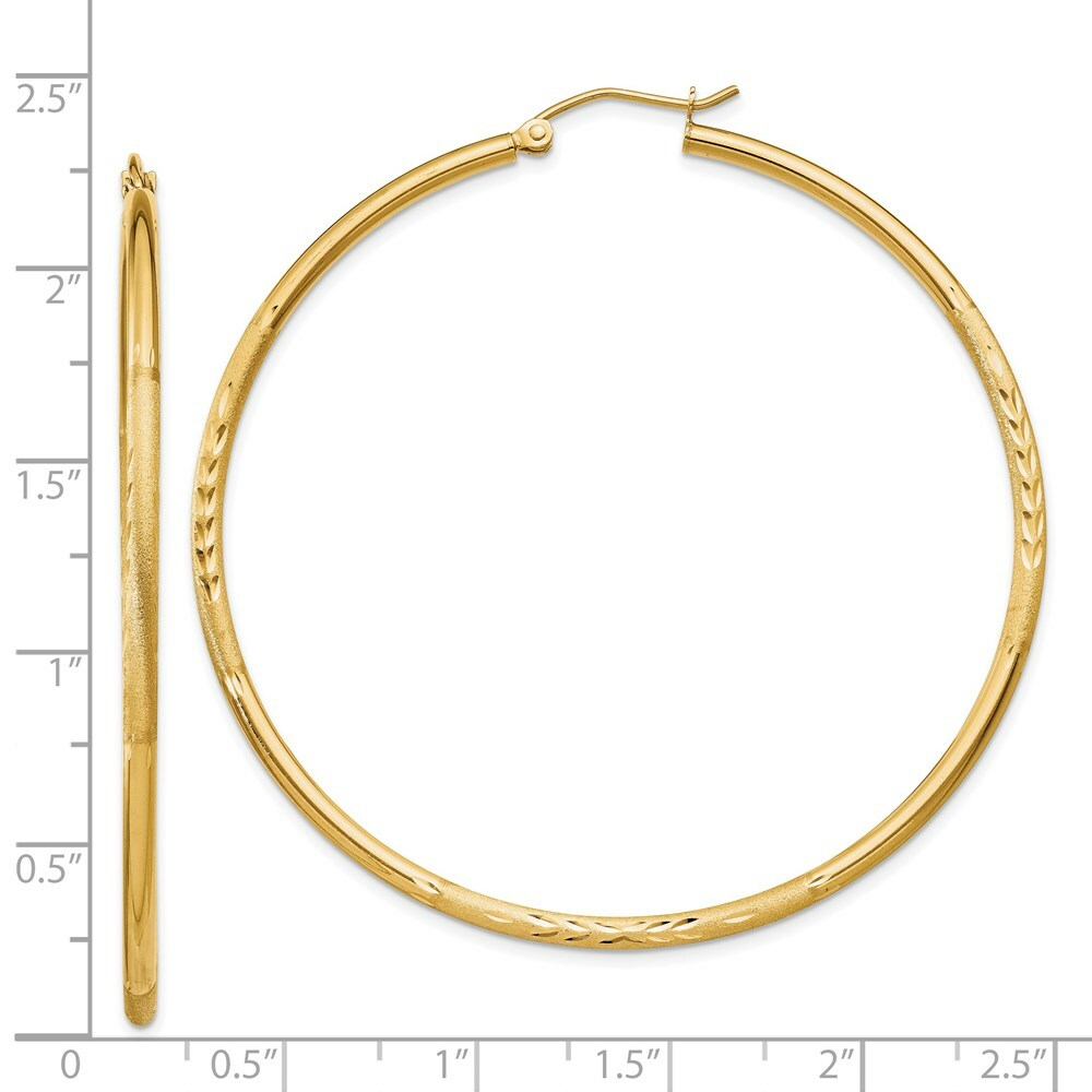 14K Yellow Gold Satin & Diamond-cut 2mm Round Tube Hoop Earrings 55mm length
