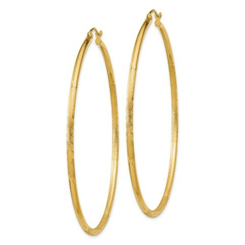 14K Yellow Gold Satin & Diamond-cut 2mm Round Tube Hoop Earrings 60mm length