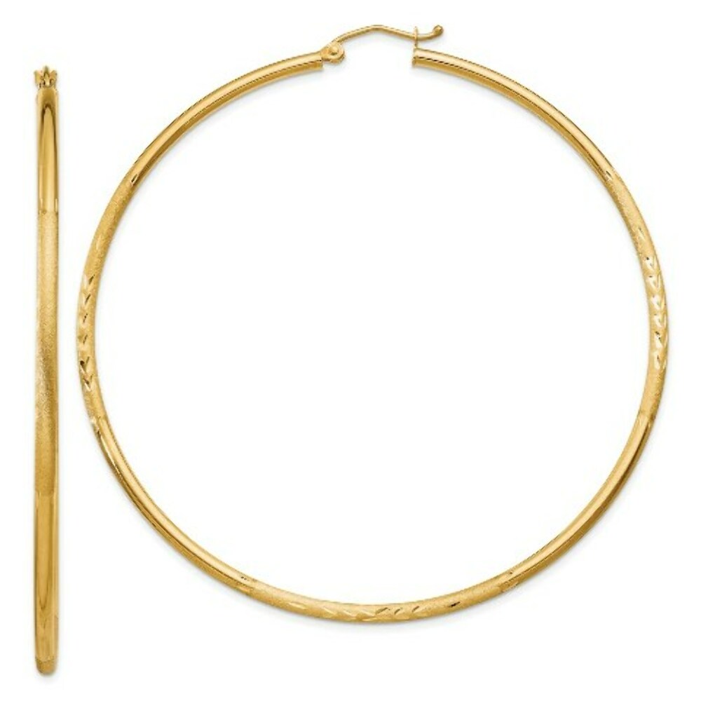14K Yellow Gold Satin & Diamond-cut 2mm Round Tube Hoop Earrings 65mm length