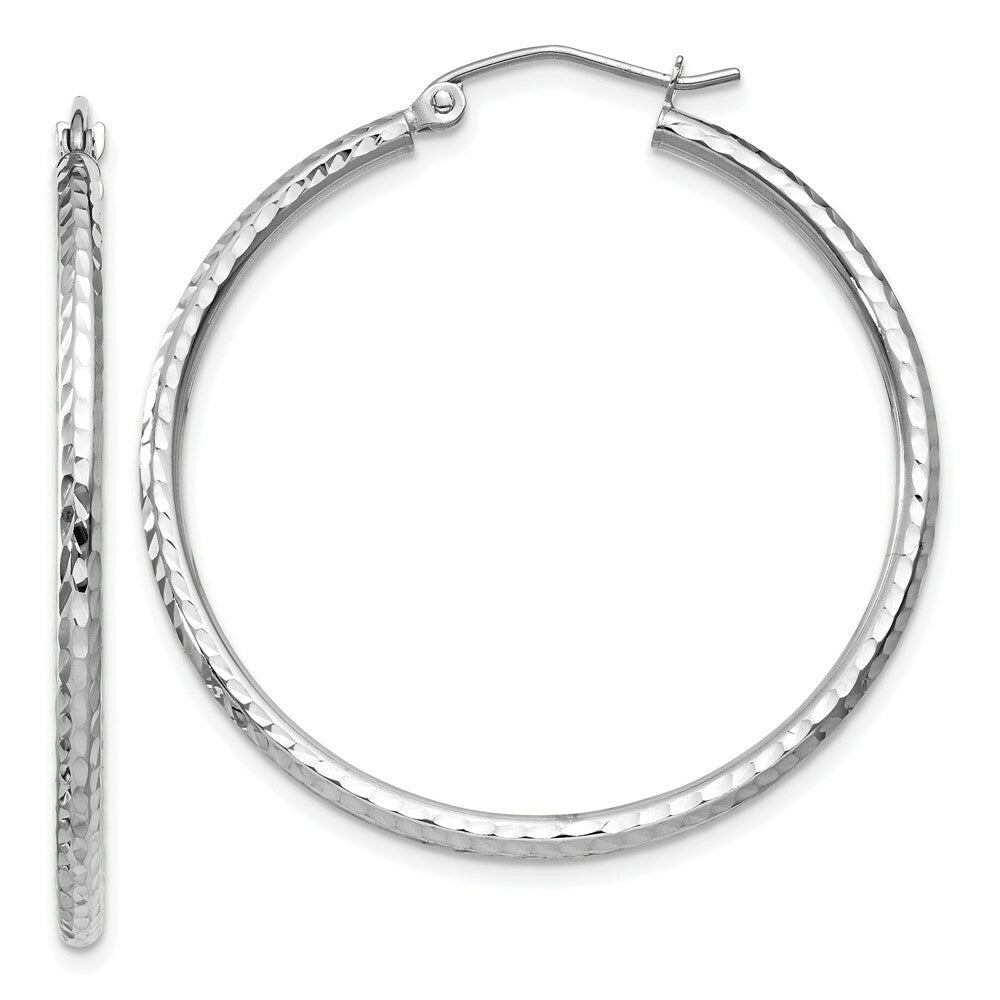 14K White Gold Diamond-cut 2mm Round Tube Hoop Earrings 35mm length