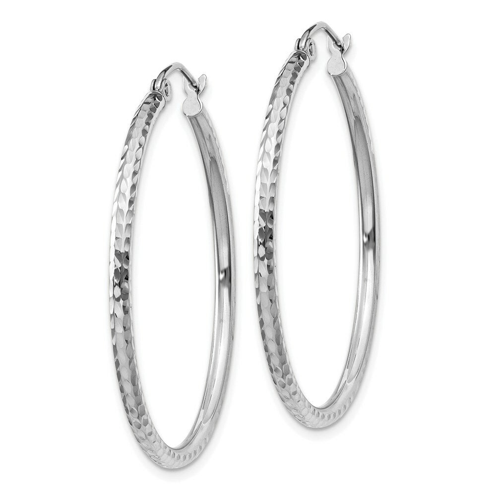14K White Gold Diamond-cut 2mm Round Tube Hoop Earrings 35mm length