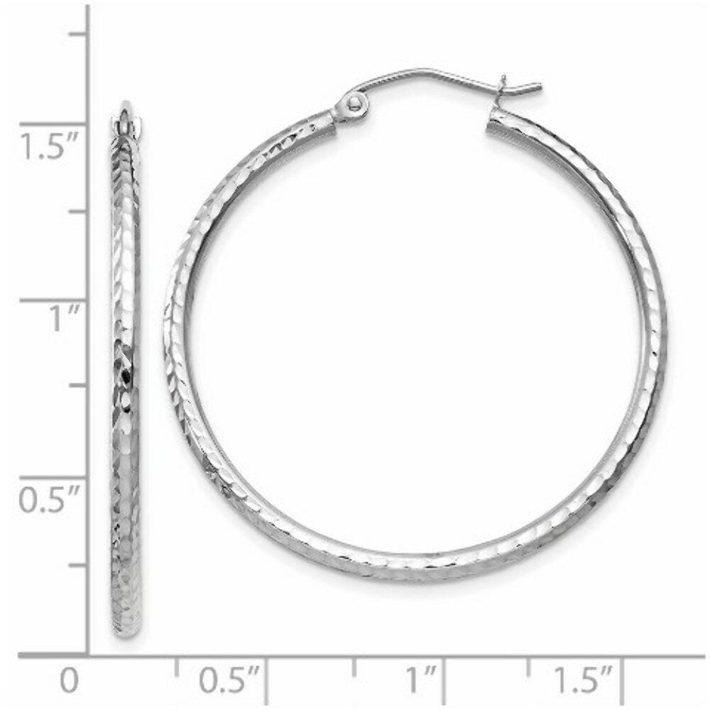 14K White Gold Diamond-cut 2mm Round Tube Hoop Earrings 35mm length