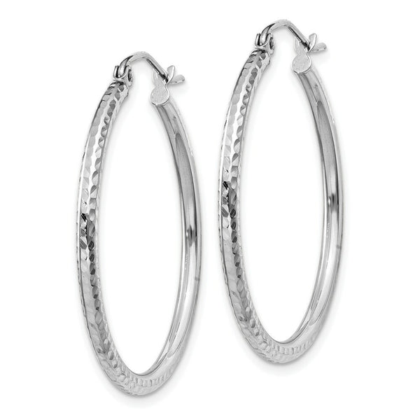 14K White Gold Diamond-cut 2mm Round Tube Hoop Earrings 30mm length