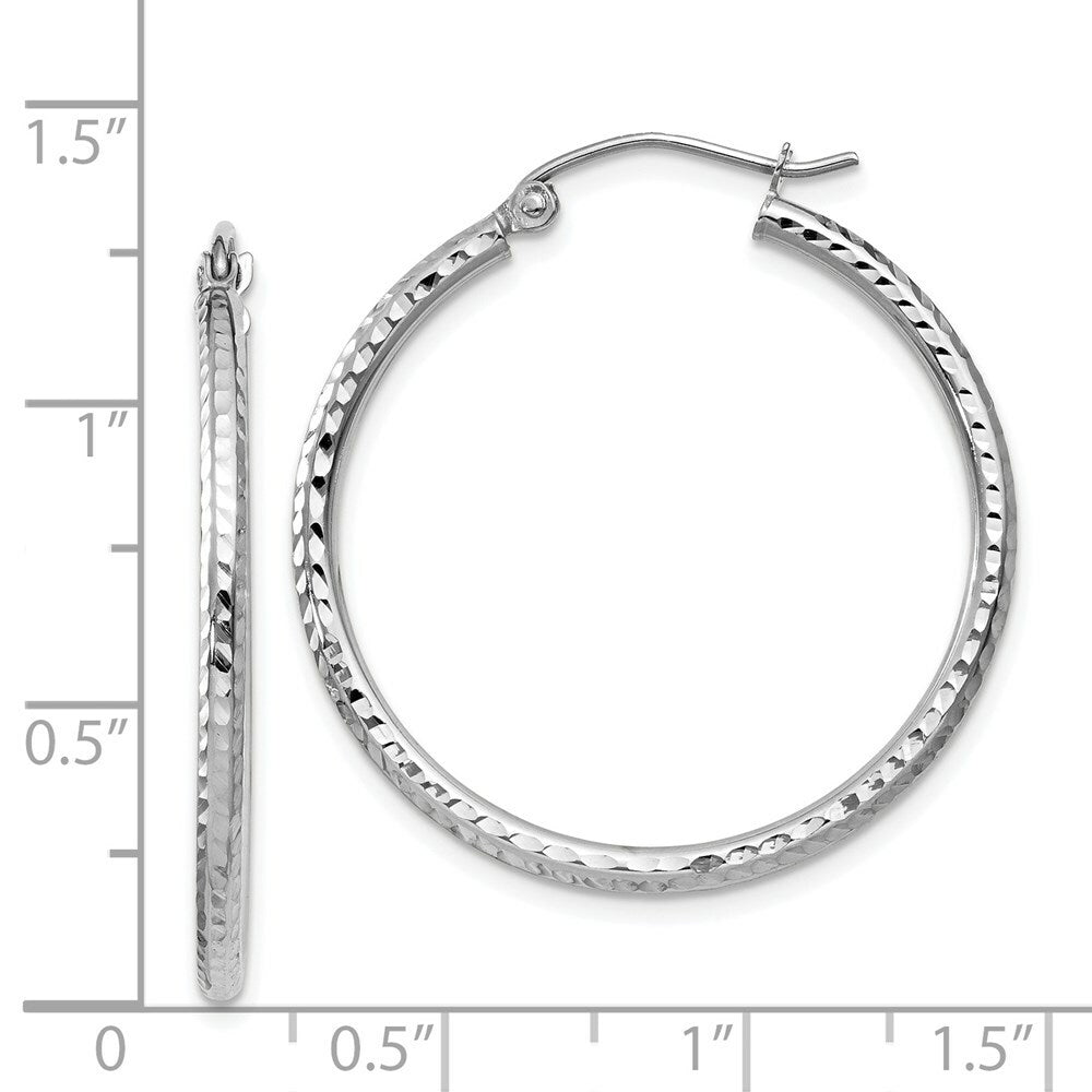 14K White Gold Diamond-cut 2mm Round Tube Hoop Earrings 30mm length