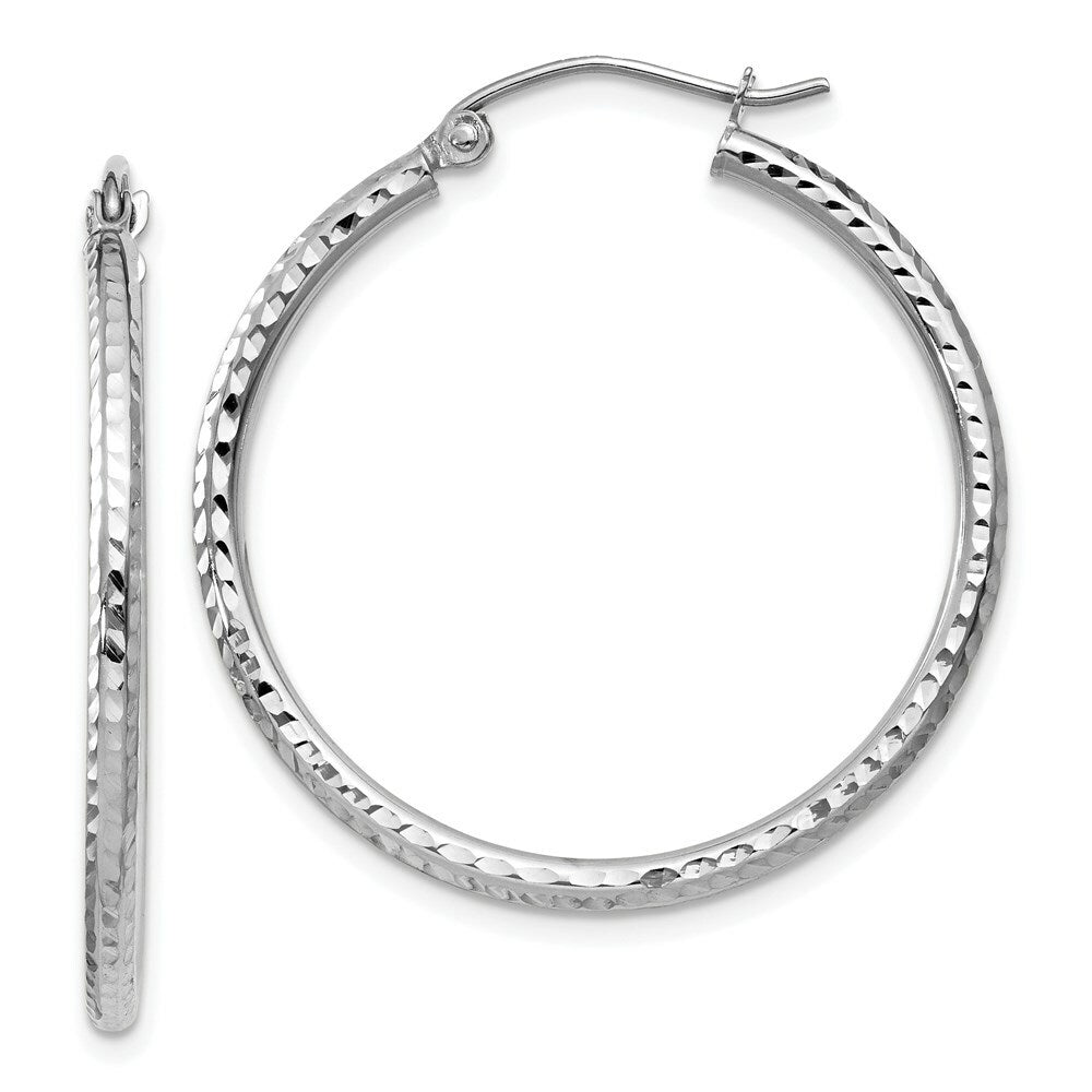 14K White Gold Diamond-cut 2mm Round Tube Hoop Earrings 30mm length