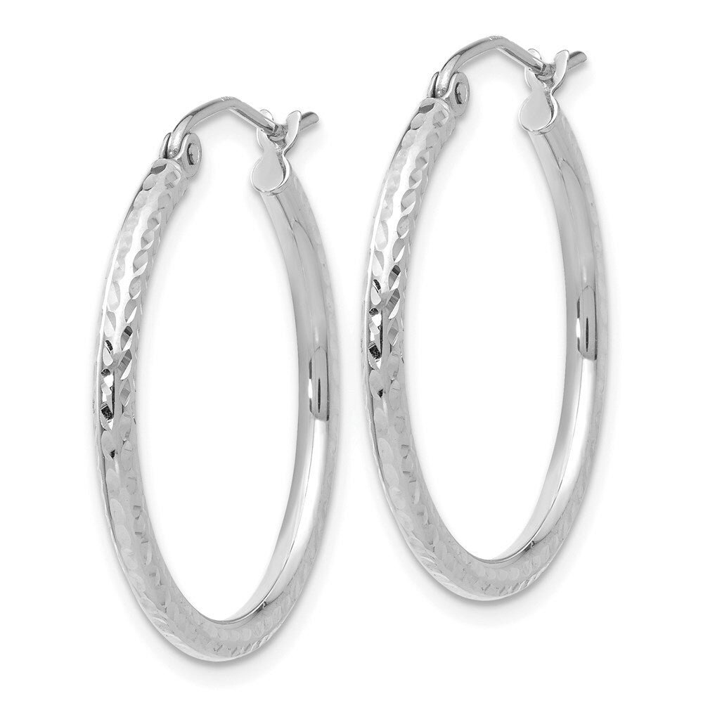 14K White Gold Diamond-cut 2mm Round Tube Hoop Earrings 25mm length