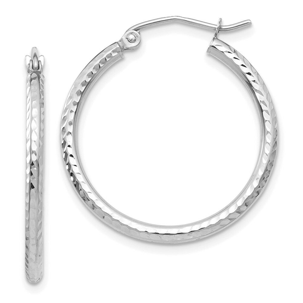 14K White Gold Diamond-cut 2mm Round Tube Hoop Earrings 25mm length