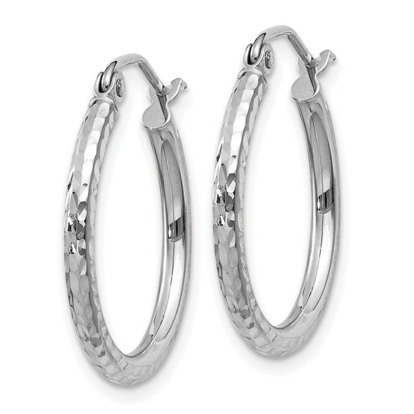 14K White Gold Diamond-cut 2mm Round Tube Hoop Earrings 20mm length