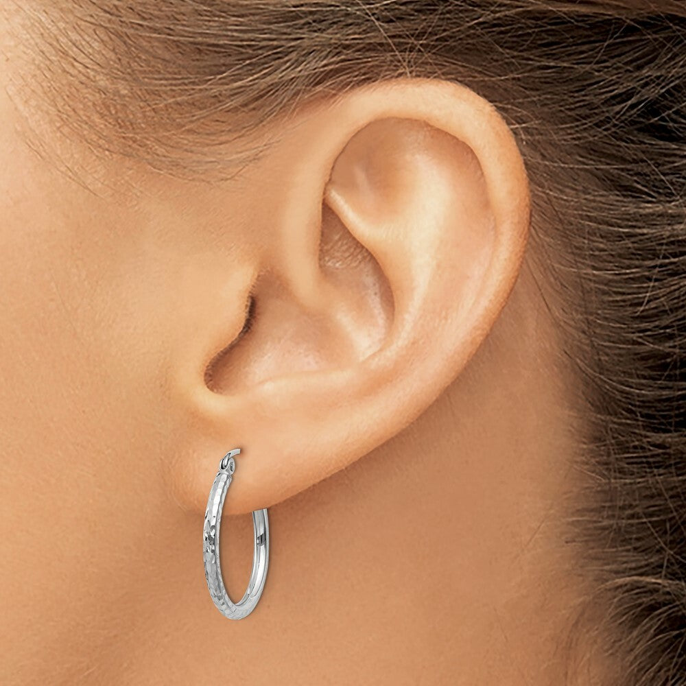 14K White Gold Diamond-cut 2mm Round Tube Hoop Earrings 20mm length
