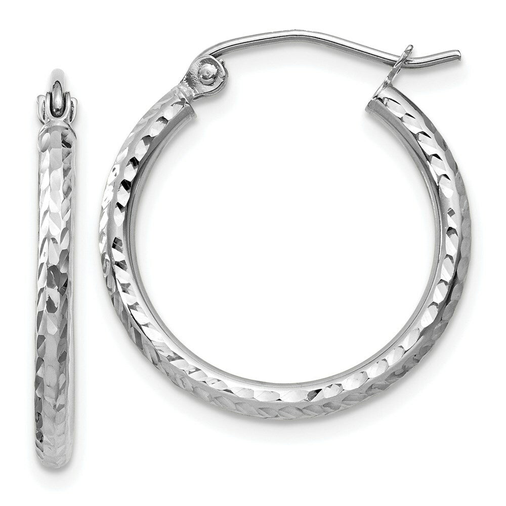 14K White Gold Diamond-cut 2mm Round Tube Hoop Earrings 20mm length