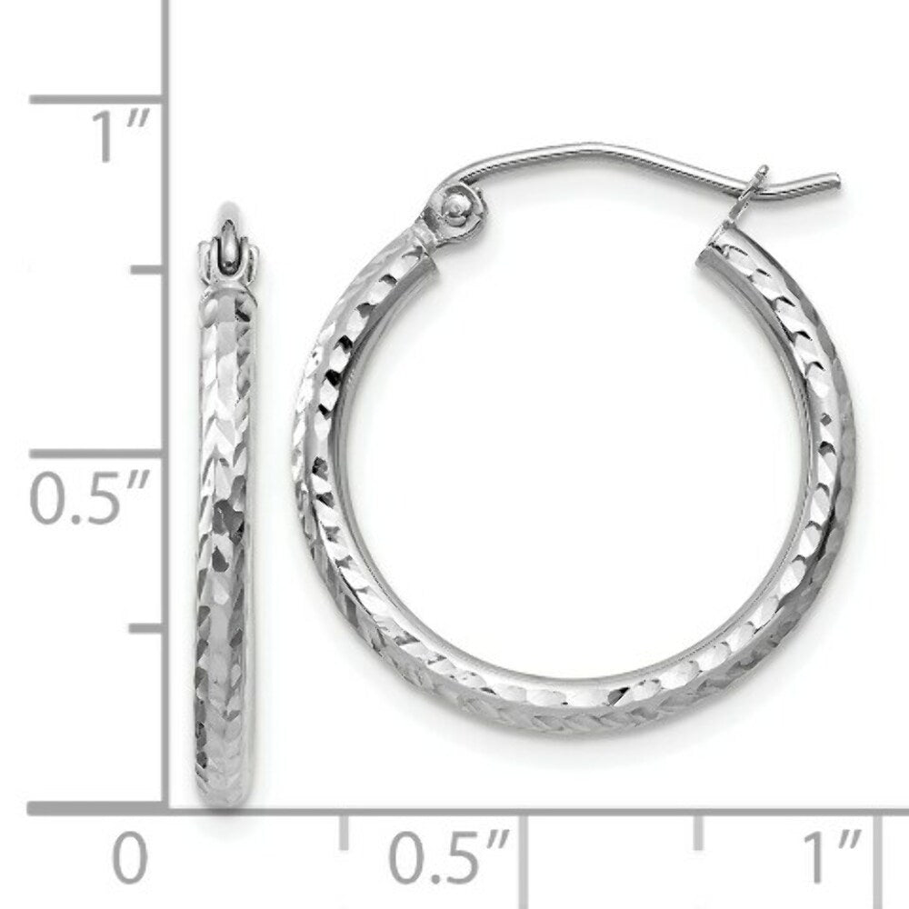14K White Gold Diamond-cut 2mm Round Tube Hoop Earrings 20mm length