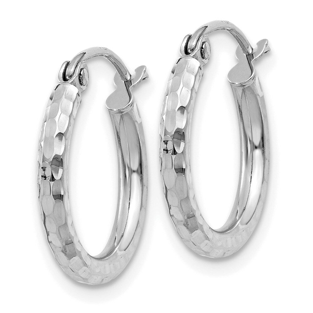 14K White Gold Diamond-cut 2mm Round Tube Hoop Earrings 15mm length