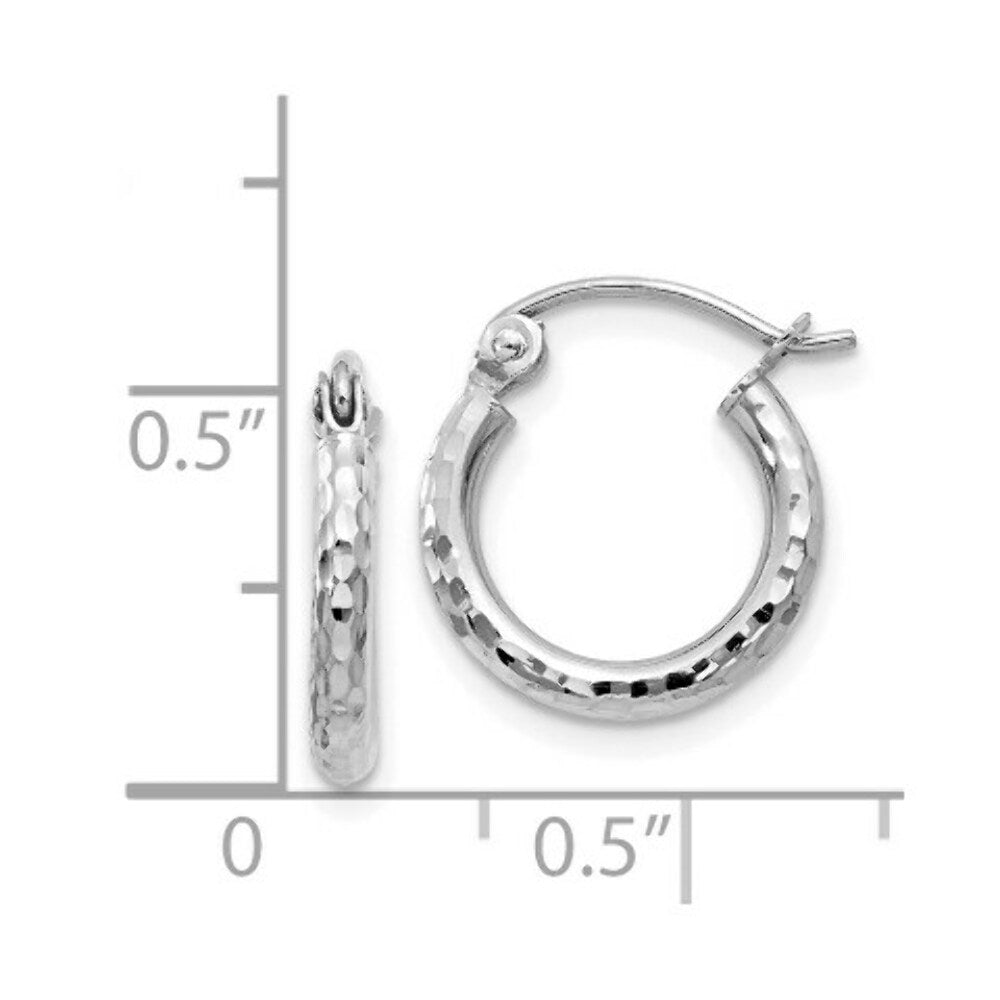14K White Gold Diamond-cut 2mm Round Tube Hoop Earrings 13mm length