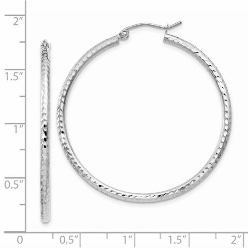 14K White Gold Diamond-cut 2mm Round Tube Hoop Earrings 40mm length