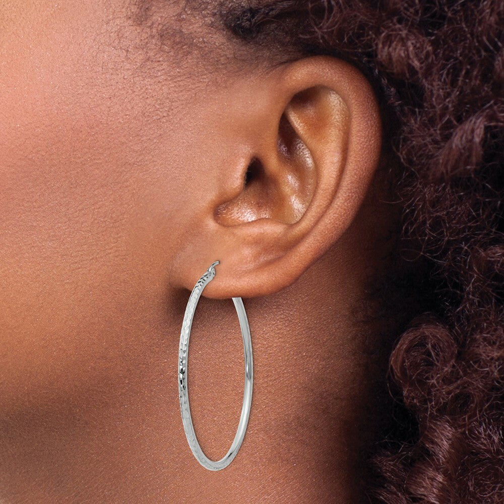 14K White Gold Diamond-cut 2mm Round Tube Hoop Earrings 45mm length