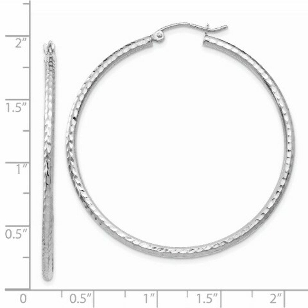 14K White Gold Diamond-cut 2mm Round Tube Hoop Earrings 45mm length
