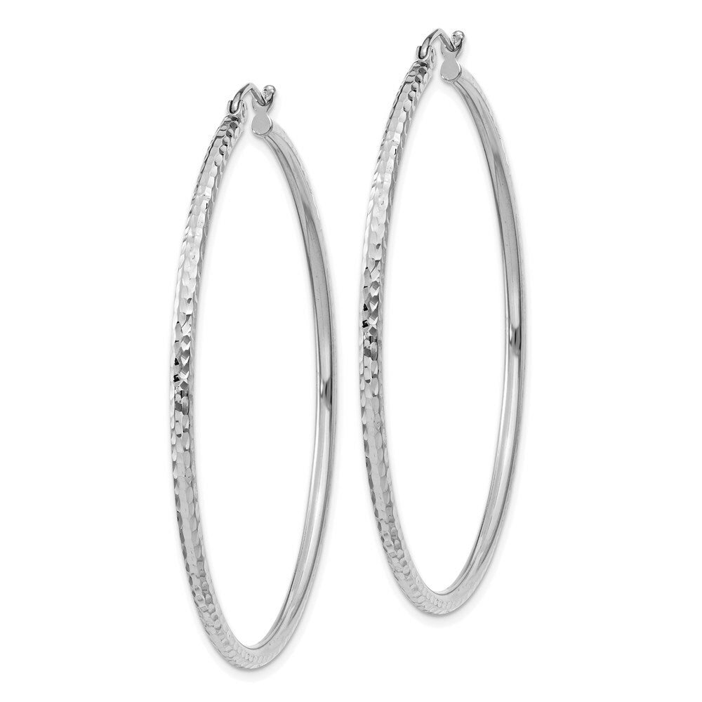 14K White Gold Diamond-cut 2mm Round Tube Hoop Earrings 50mm length