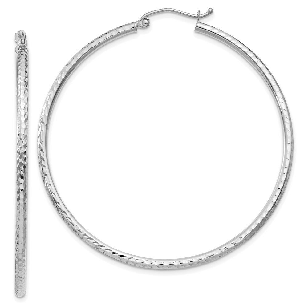 14K White Gold Diamond-cut 2mm Round Tube Hoop Earrings 50mm length