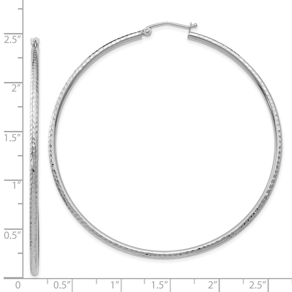 14K White Gold Diamond-cut 2mm Round Tube Hoop Earrings 60mm length