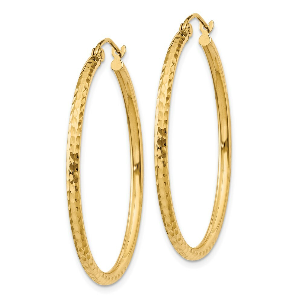14K Yellow Gold Diamond-cut 2mm Round Tube Hoop Earrings  35mm length