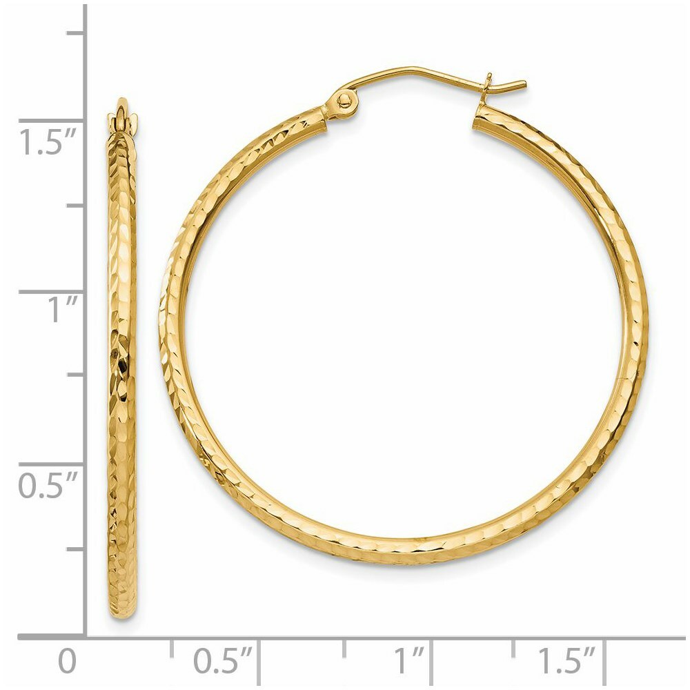14K Yellow Gold Diamond-cut 2mm Round Tube Hoop Earrings  35mm length