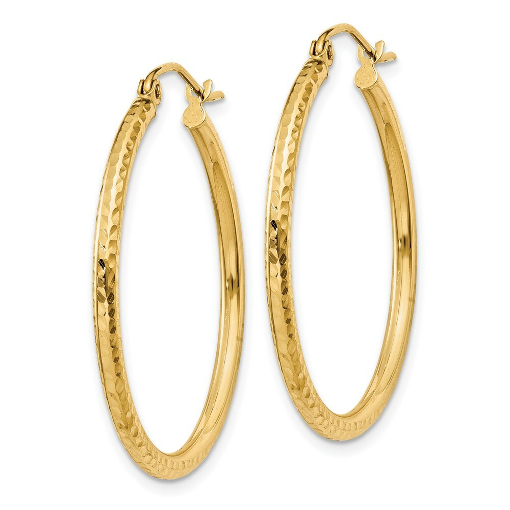 14K Yellow Gold Diamond-cut 2mm Round Tube Hoop Earrings  30mm length