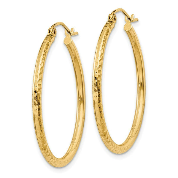 14K Yellow Gold Diamond-cut 2mm Round Tube Hoop Earrings  30mm length